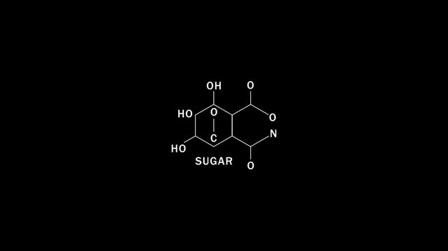 Sugar chemical molecular structure diagram on black background, for scientific research, and education