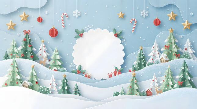 A serene and picturesque winter landscape illustration featuring a charming christmas tree amidst gentle snowfall perfect for holiday greetings and festive celebrations
