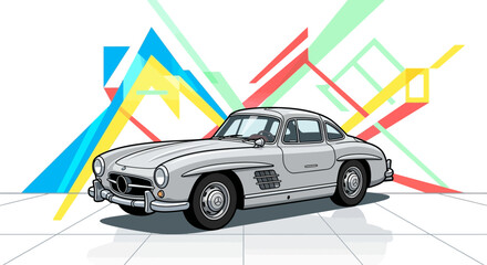 Fototapeta premium Classic silver vintage luxury sports car parked against a vibrant colorful abstract geometric background flat vector illustration art design element.
