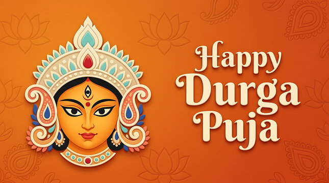 Traditional durga puja goddess face illustration with ornate crown and festive orange background celebrating navratri indian religious festival greeting card design artwork