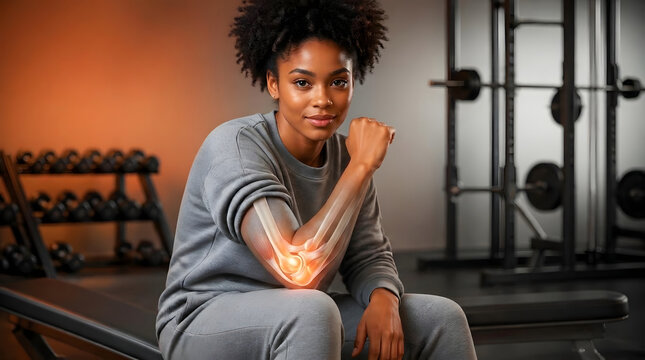 Joint pain, woman and elbow injury in gym with anatomy, bone inflammation and medical check. Fitness person, health and muscle recovery with physiology, sports therapy and medicine in club.