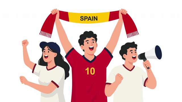Animated Spanish football fans celebrating victory with Spain national colors, cheering supporters, fan scarf, soccer championship energy, team spirit and festive sports atmosphere, tournament crowd