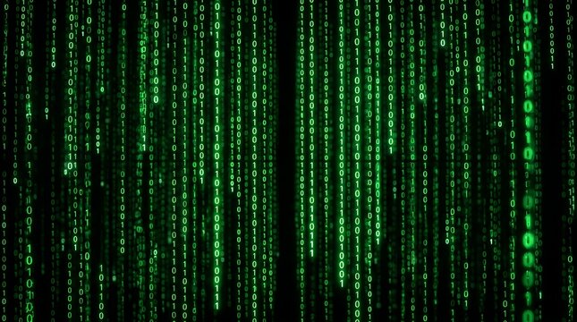 Falling green binary code on black background