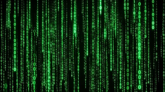 Falling green binary code on black background