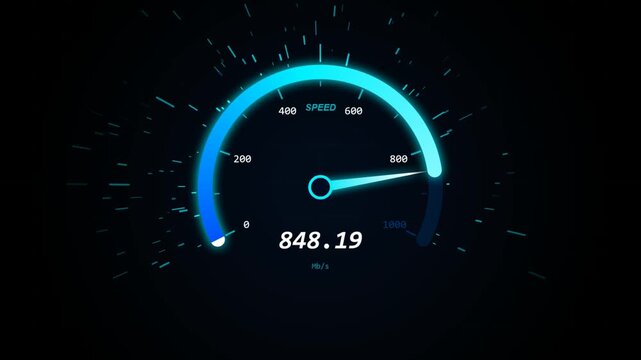 Modern digital speedometer showing high speed with glowing blue accents on a dark background