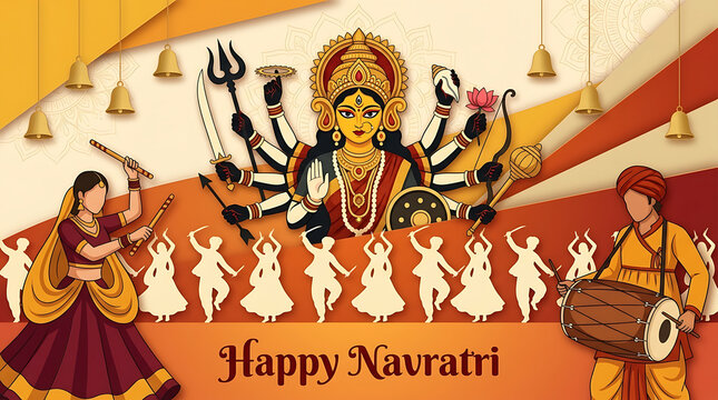 Festive durga puja illustration with multiarmed goddess traditional dancers drummer temple bells and warm orange composition celebrating navratri indian cultural festival artwork