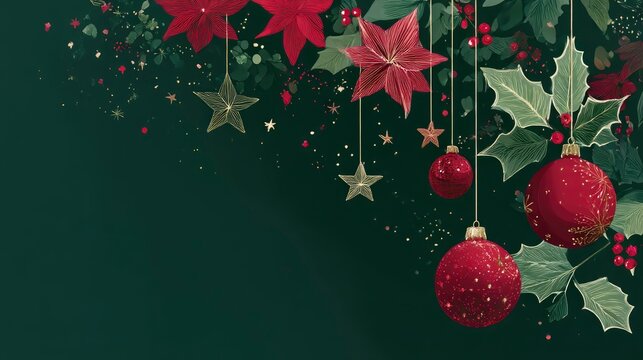 Minimalistic christmas background with stylized red poinsettias, holly leaves, and hanging baubles against deep green backdrop, balanced composition with gold accents