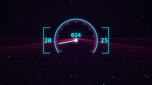 Retro futuristic speedometer with glowing neon lights and digital grid background representing speed