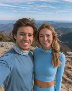 Men and women taking selfies in front of the mountain view