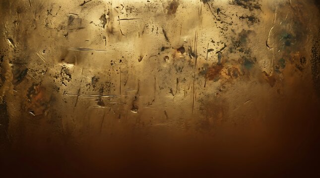 Abstract golden metallic surface with scratched textures and dark dramatic shadows.