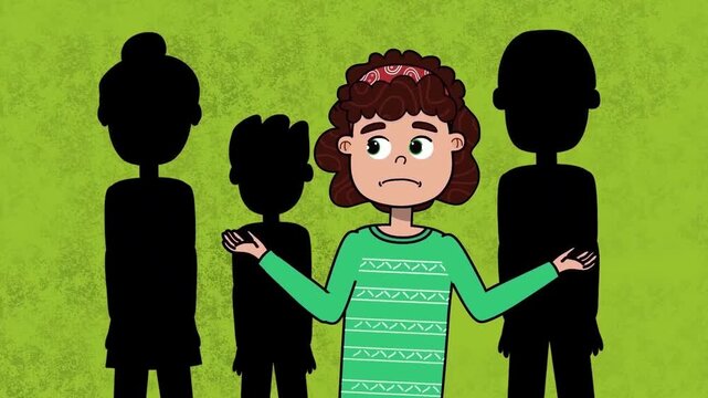 Confused young girl shrugging shoulders amidst anonymous black silhouettes in this colorful two dimensional hand drawn vector animation video footage