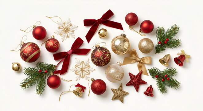 Christmas ornaments including red and gold baubles, snowflakes