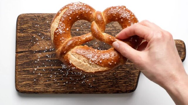 Hands lifting a salted pretzel from a wooden cutting board