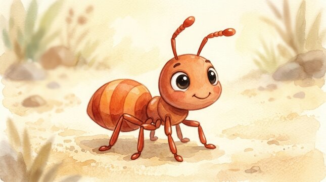 Charming cartoon illustration of a red ant with large eyes exploring a soft blurred desert landscape
