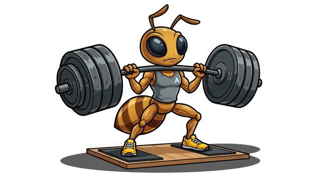 Cartoon ant character powerfully lifting heavy barbell weights demonstrating incredible strength and determination in a fitness setting