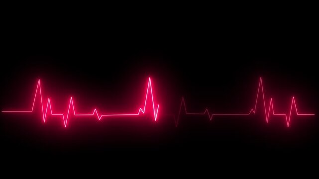 Neon glowing heartbeat and pulse rate animation. red color heartbeat monitor ECG line monitor showing heart pulse 4k black background
