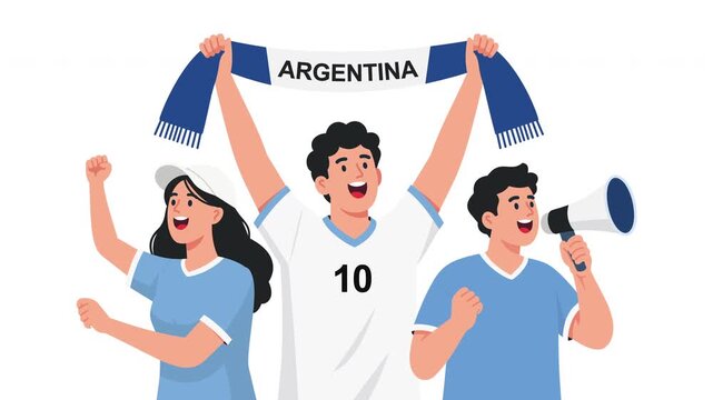 Animated Argentinian football fans celebrating victory with Argentina national colors, cheering supporters, fan scarf, soccer championship energy, team spirit and festive sports atmosphere, energetic 