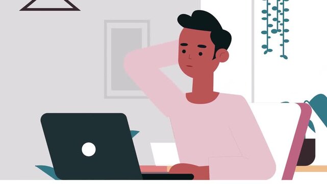 Pensive young man thinking at laptop screen in home office setting during a digital animation style motion clip sequence