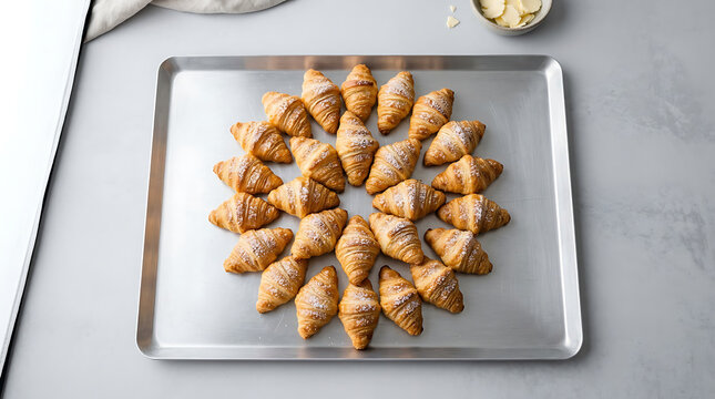 Freshly baked croissants arranged in a circular pattern on a metal baking sheet