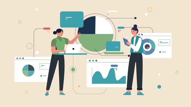 Professional business analysts working with digital financial charts and data analytics in this dynamic flat vector style motion graphic video