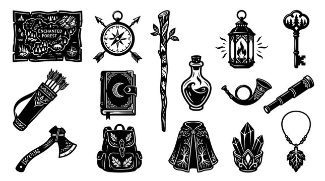 Fantasy Adventure Icons: Map, Compass, Staff, Potion, Key, Axe, Book, Cloak