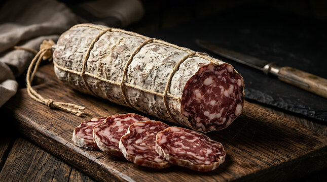 Rustic salami stick and slices resting on a worn wooden cutting board in a dark kitchen