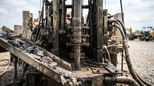 AI-driven drilling rig with rotating drill string, mud circulation lines, rock cuttings, and wellpad equipment.