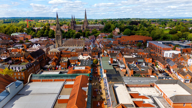 Aerial view looking down main street towards cathedral spires