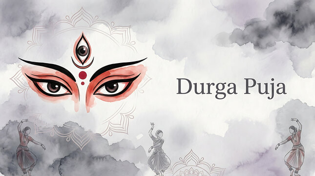 Watercolor goddess durga eyes with traditional dancers and soft artistic background celebrating durga puja and navratri indian hindu festival spiritual design illustration