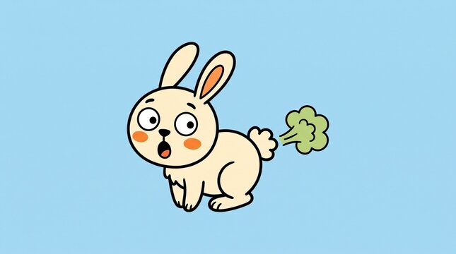 Funny cartoon rabbit farting with a surprised expression on a light blue background