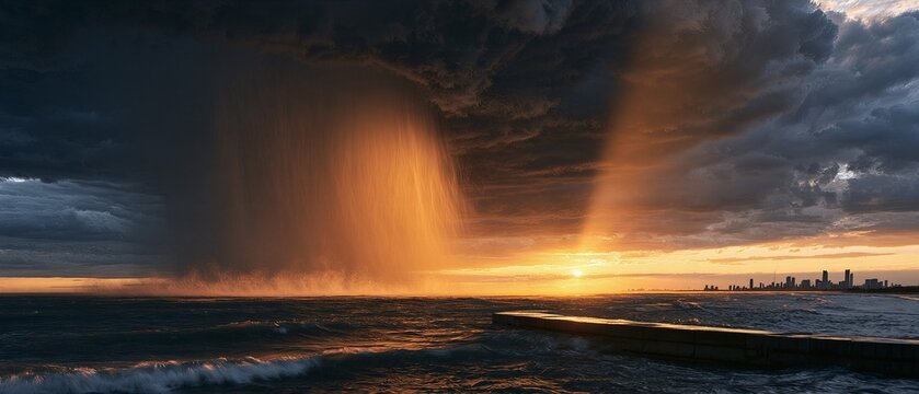 Wide Angle Photo of Meteorological Microburst Rain Column Over Coastal City for Climate Resilience Concept

