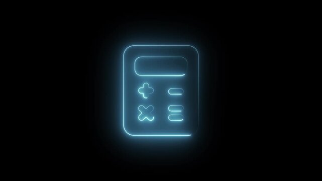 Neon Calculator Icon Animation on Black Background, Glowing Blue Digital Symbol for Mathematics, Finance, Technology and Business Concepts
