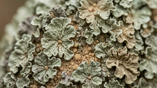 Macro closeup of intricate lichen growth covering rugged natural surface with delicate pale green leafy forms curled edges branching textures earthy granules organic patterns symbiotic organism forest
