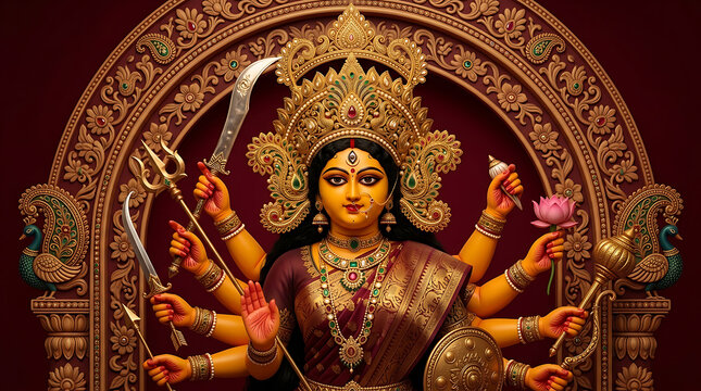 Majestic durga puja goddess illustration with multiple arms ornate golden crown traditional weapons rich maroon temple background celebrating navratri indian festival devotion