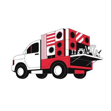 Red Fire Truck with Loudspeakers and Emergency Equipment &ndash; Flat Vector Illustration