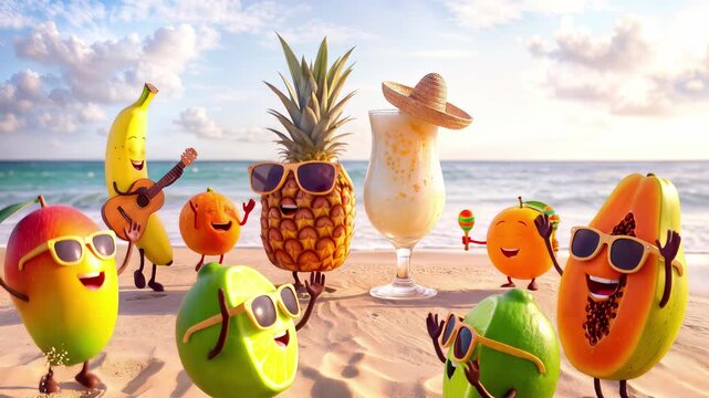 Tropical fruit characters having beach party with music and drinks. Animated pineapple, banana, and orange celebrating on sandy shore. Panning and tilting camera movement.