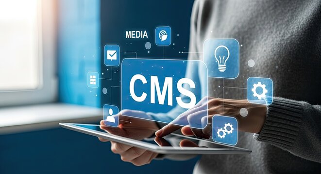 Person using tablet with CMS interface and digital icons for content management.