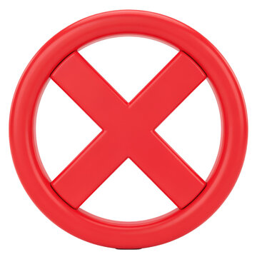 Bright red circular icon featuring a bold cross symbol for prohibition or denial isolated on a transparent background