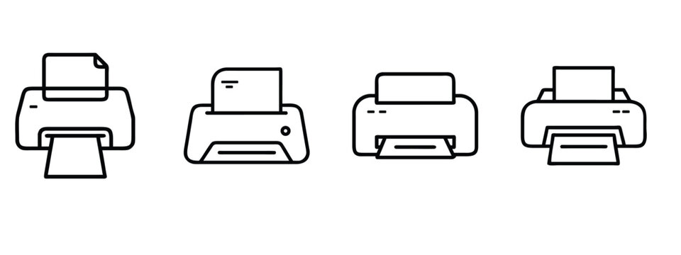 Printer and Office Equipment line icons set featuring document printer, fax machine, paper printing, desktop printer vector illustration with editable stroke.