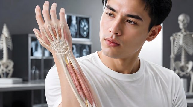 Medical, anatomy and man with arm for science, healthcare and biology study. Human, skeleton and body with muscle, tendon and bone in hospital for education, orthopedic and clinical surgery health.