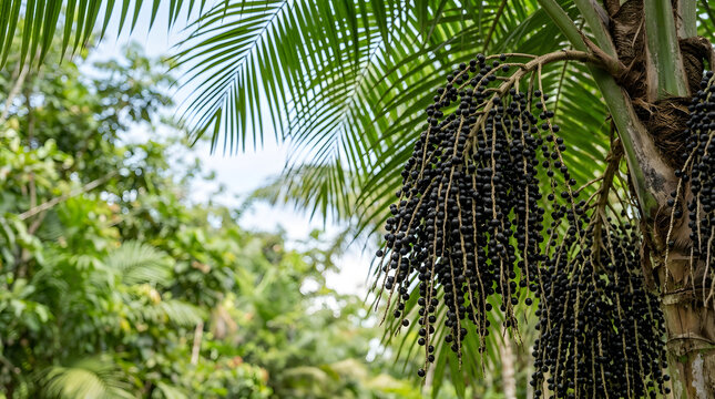Lush tropical palm tree with ripe acai berries in rainforest setting