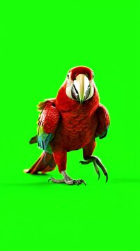 Red Macaw Parrot Walking on Green Screen Chroma Key Background