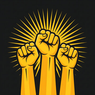 Retro resistance illustration, raised fists with sunburst rays, solidarity symbol, vintage design art, power and unity concept