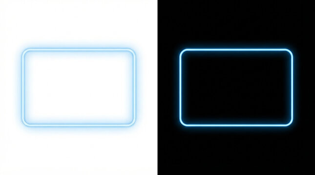 Glowing light blue rectangular frames with rounded corners on split white and black backgrounds, minimalist digital border