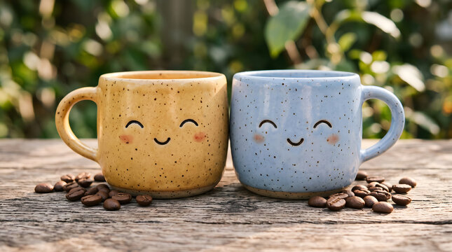 Adorable yellow and blue speckled ceramic mugs with happy faces, coffee beans, kawaii cute kya style, rustic wooden desk, brunch concept, natural morning lighting.