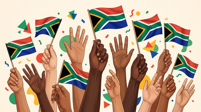 South African Flag Waving Illustration, Diverse Hands Holding Flags, National Unity Concept