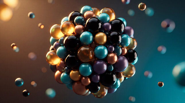 A vibrant cluster of glossy colorful spheres in gold, teal, black and purple with floating orbs against a warm-to-cool gradient
