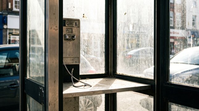 Public Phone Booth With the Handset Gone and Cable Left Hanging Showing Obsolescence