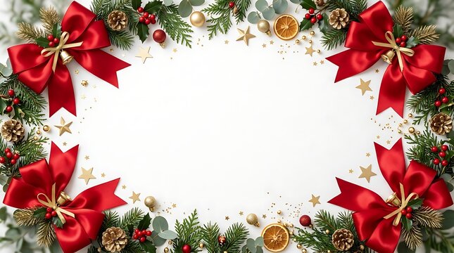 Christmas wreath border with red bows and pine