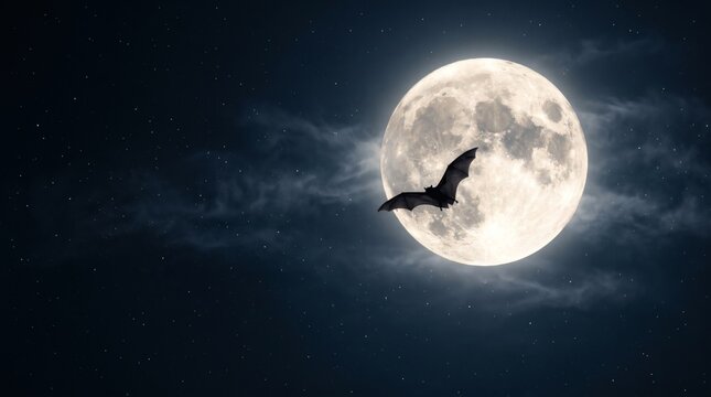 Full Moon Night with a Bat Flying Across the Sky in Dark Clouds.
